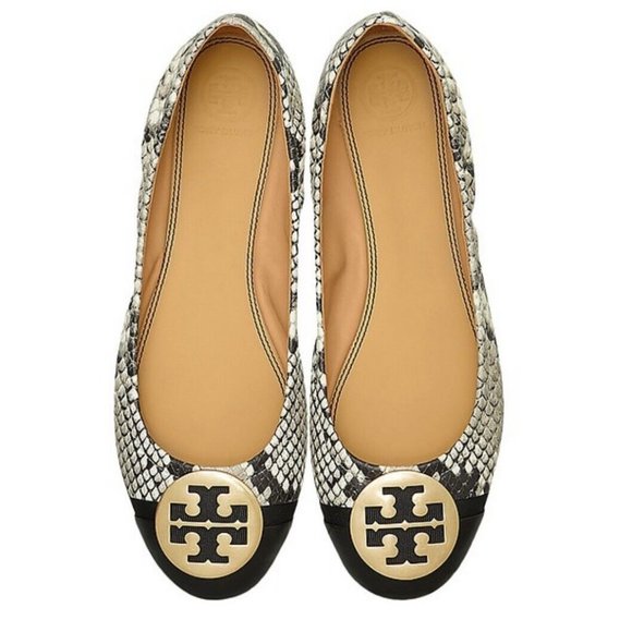 Tory Burch Cap Toe Minnie Ballet Flats Gold Logo Two Tone Roccia Black 9.5 - Picture 2 of 8